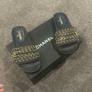 CHANEL NAVY BLUE & GOLD CHAIN SLIDES